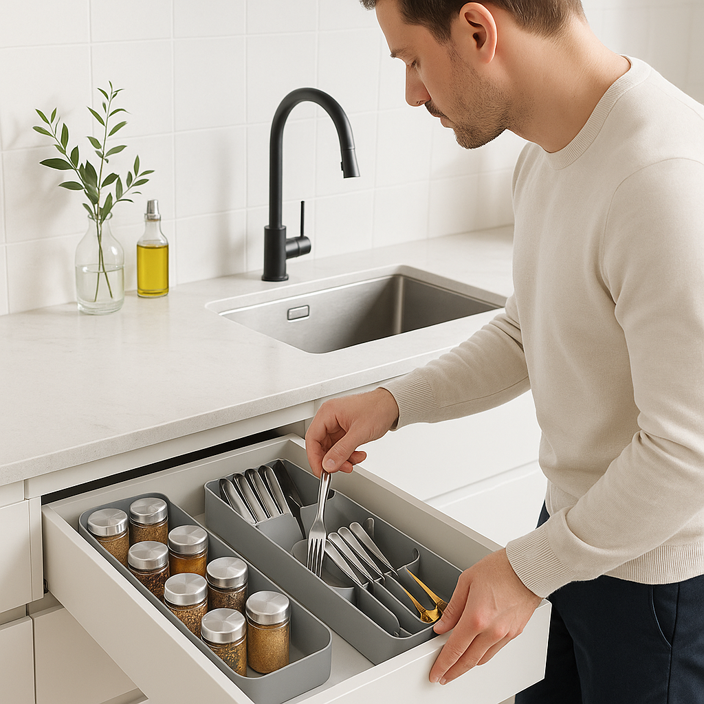Organisateur de tiroir de cuisine pour couverts et épices