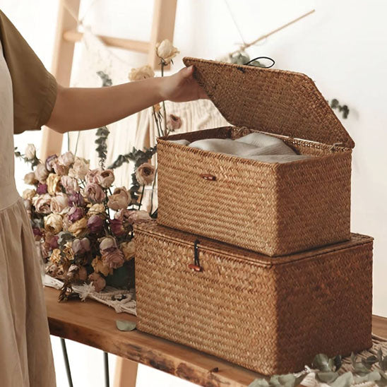 Panier de rangement en osier avec couvercle