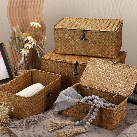Panier de rangement en osier avec couvercle